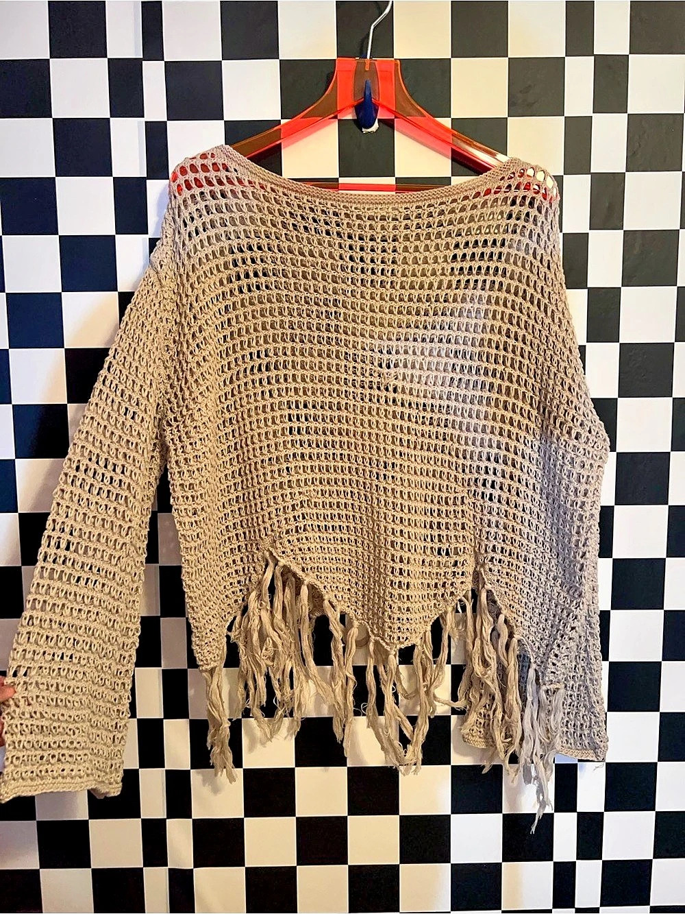 VIVID Open Knit Fringe Sweater Beige XL